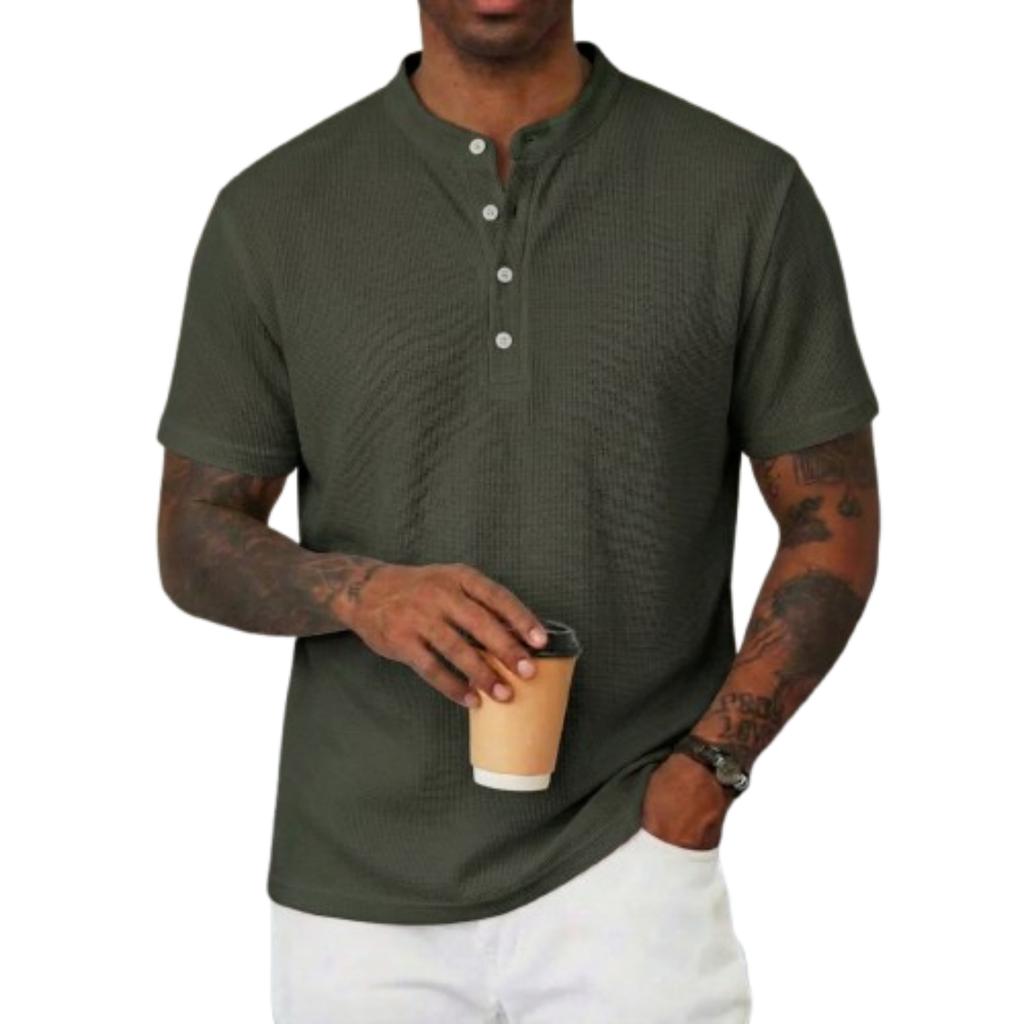 Men Henley Collar Short Sleeve T Shirt Ribbed Knit Button Placket Casual Fit Lightweight Top