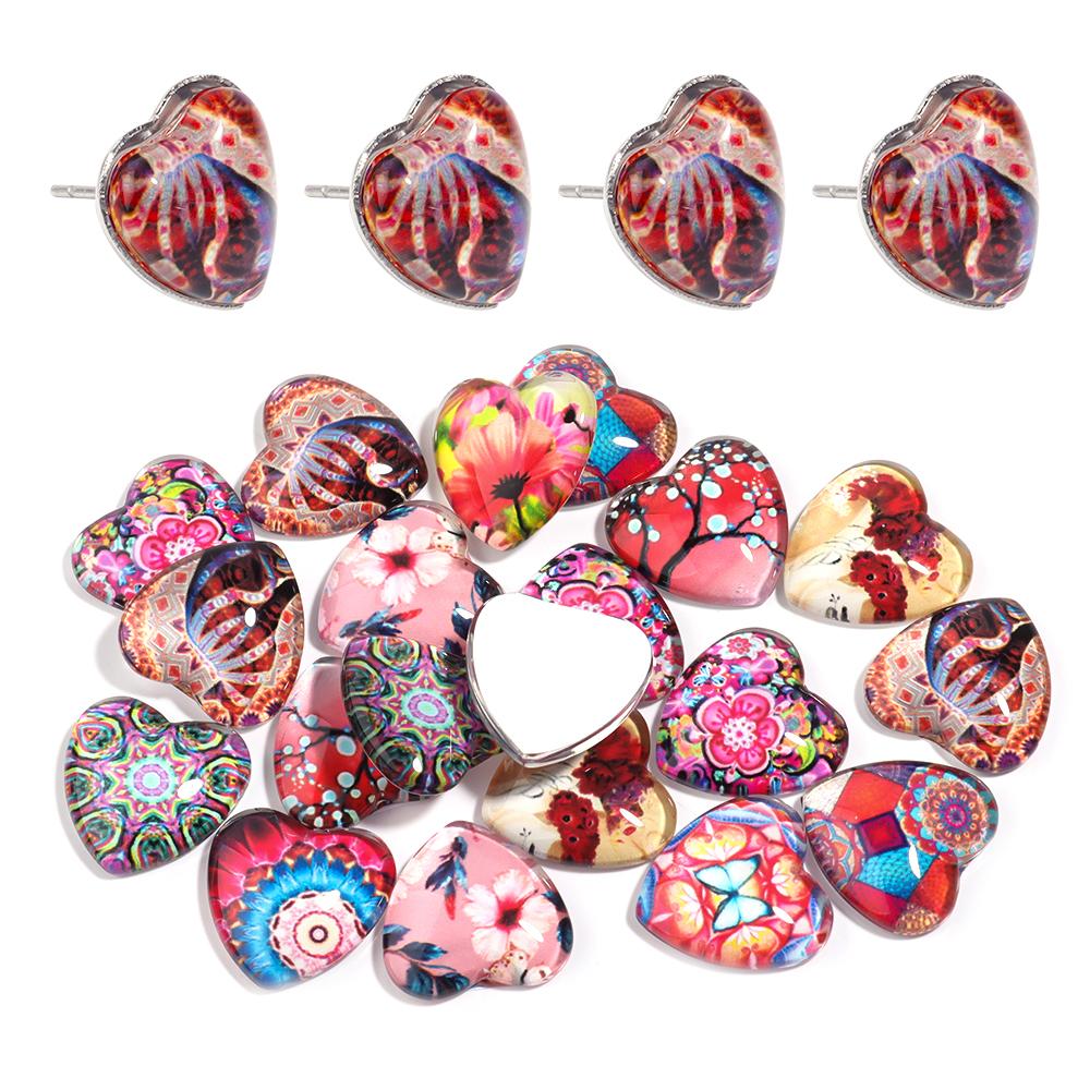 10pcs/lot Red Flower Animal Pattern Glass Cabochon Heart Shape Cabochon For DIY Jewelry Making Bracelets Pendant Ring Supplies