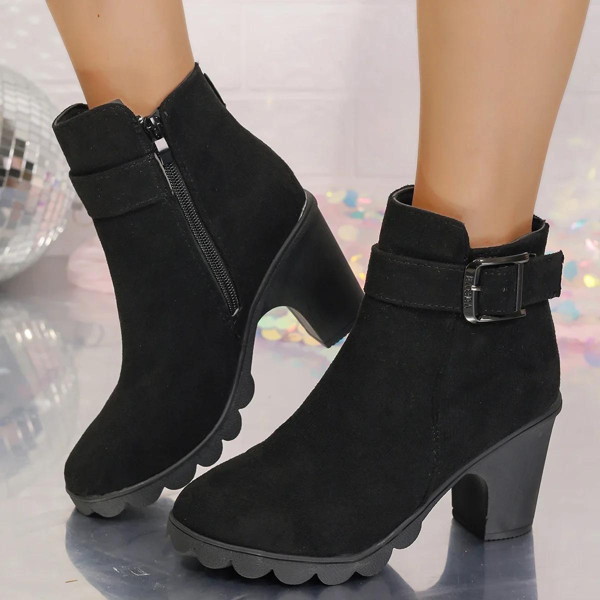 

Замшевые ботильоны на высоком каблуке, фирменные массивные туфли, женская зимняя трендовая офисная обувь, модные туфли-лодочки, челси, Botas Mujer 41 чёрный