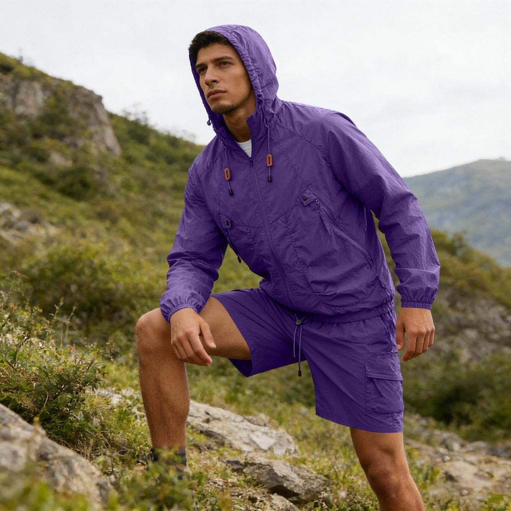 Men's Silk Quick-drying Hooded Coat With Sun , Thin , Casual Sports Sun Clothing, Shorts + Long-sleeved Set