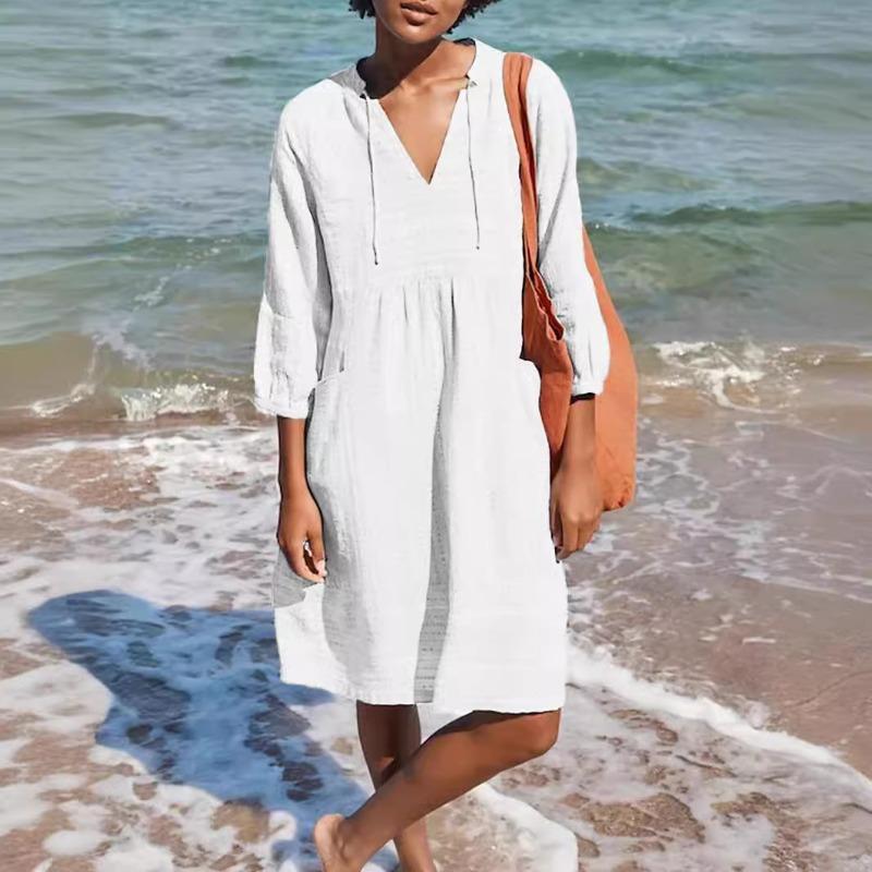 VEZFAA Women's Fashion Summer Spring Solid Color Print 3/4 Sleeves V-Neck Loose Waistline Casual Dresses