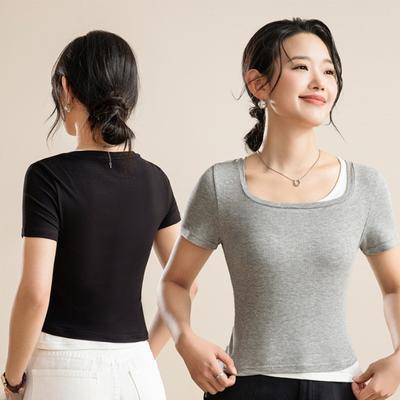 Trendy Womens Basic T-Shirts Round Necked Short Sleeve Summer Tops Slim Fit Tees Y2k Clothing Patchwork Classic-Fit Ribbed Knit Going Out Crop Tops