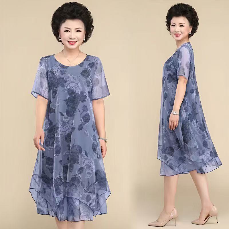 

O-Neck Short Sleeve Dresses Vintage Floral Printed Summer Gauze Spliced Women s Clothing Stylish Irregular Loose Midi Dress 5XL синій