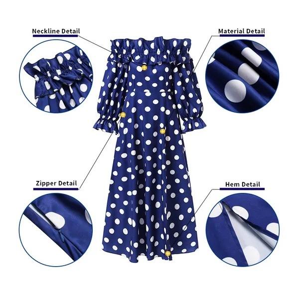 Wish Fashion Women's Clothing Pleated Ruffle Edge Loose Side Slit Polka Dot Horn Sleeve Extra Long Dress