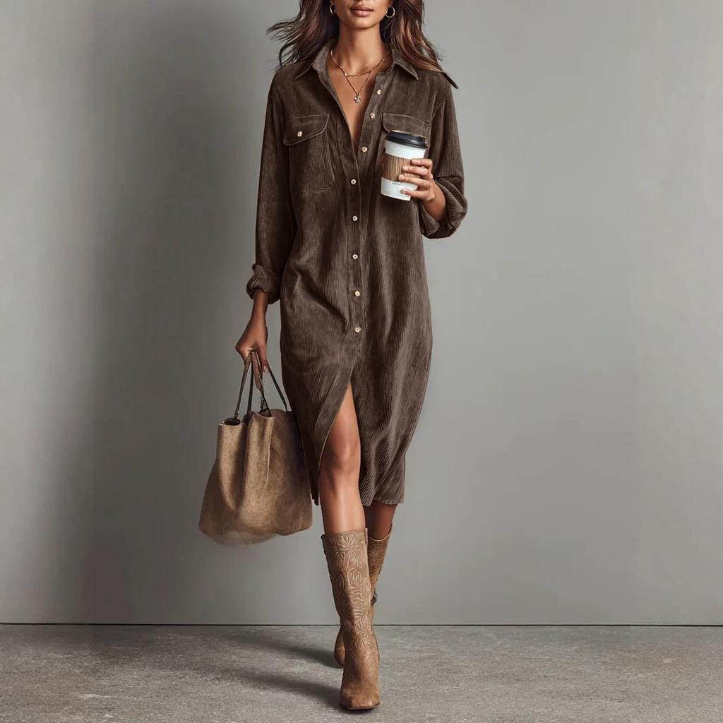 Dámské módní ležérní jednobarevné manšestrové šaty s košilovým límcem, volná dlouhá sukně