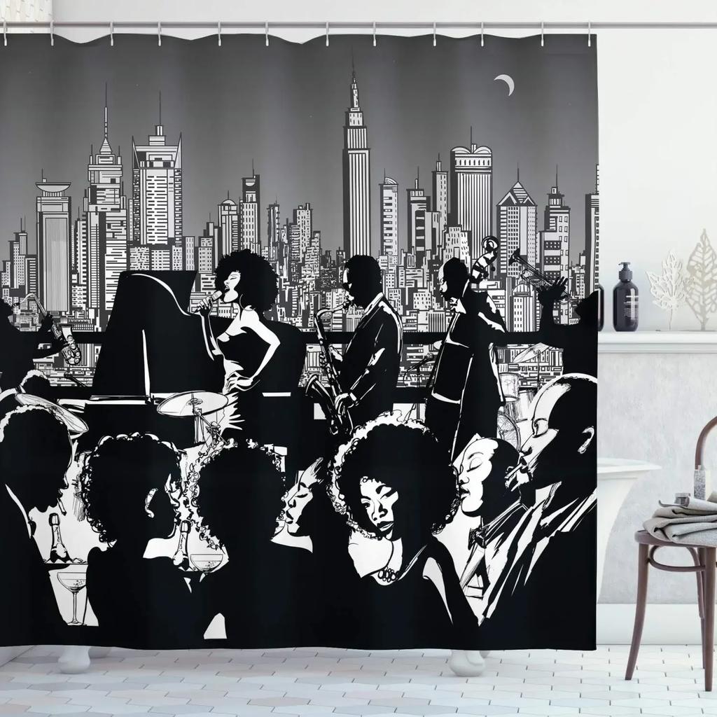 American Woman Jazz Shower Curtain African Black Girl Singing Jazzist Afrocentric Black Art Grunge Style Bathroom Curtains Decor