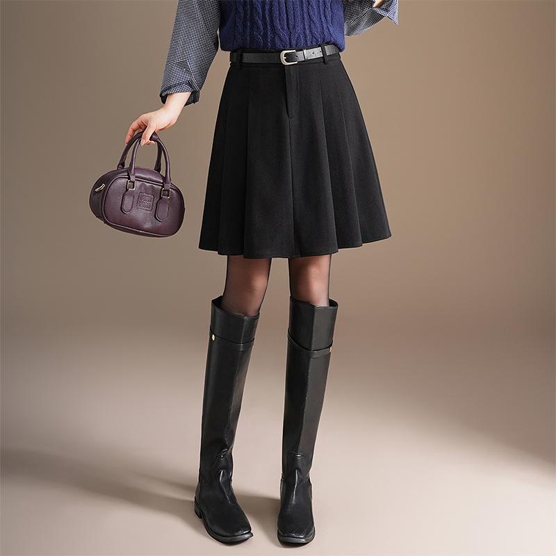 Petite Women s High-Waisted Wool Midi Pleated A-line Skirt - Winter 2025 M чёрный