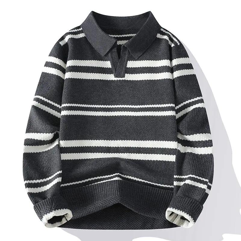 Autumn Winter Men's Striped Polo Collar Knitted Sweater Youthful Vitality Long Sleeve Turn Down Collar Casual Knit Pullovers Men