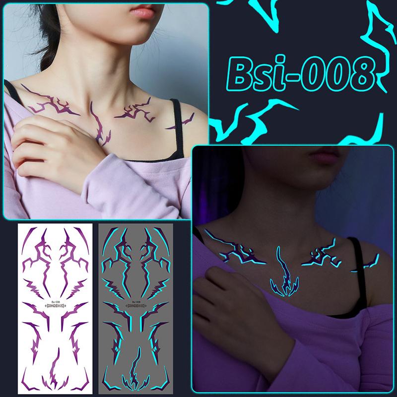 2pcs Glow In The Dark Kpop Gothic Women Face Temporary Tattoos -Cool Blue Purple Lightning & Vein Body Art Waterproof Tattoos