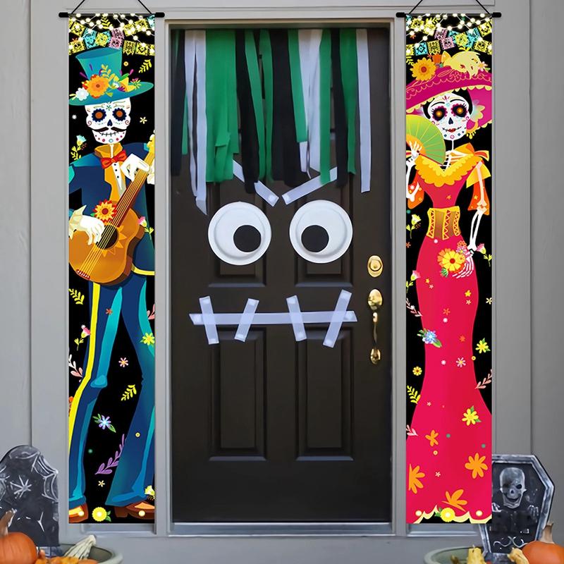 Mexican Day Of The Dead Hanging Flag Halloween Couplets Hanging Door Curtain Banner Skeleton Couple Ghost Hanging Banner Decor