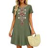 Robe Tunique Unie Brodée Décontractée Ample pour Femme Manches Courtes Col en V avec Poches Légère Confortable