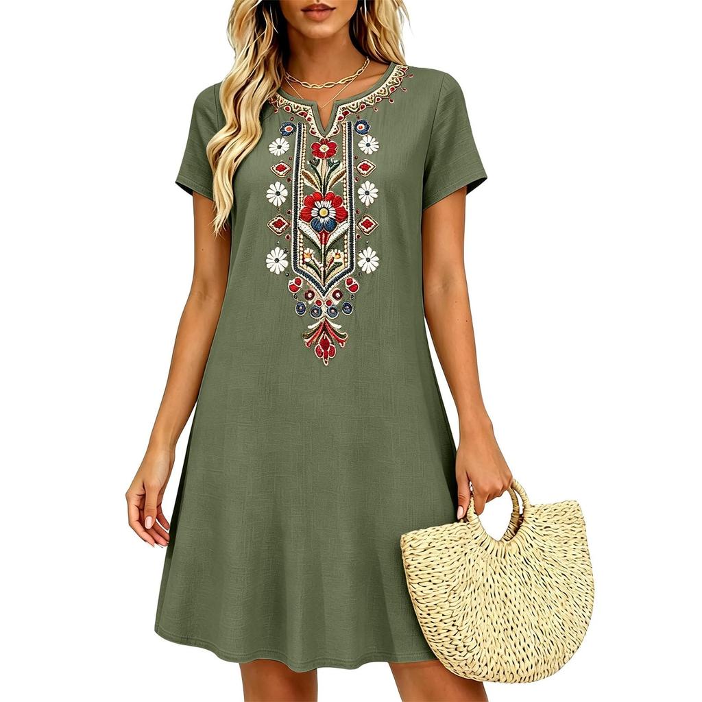 Robe Tunique Unie Brodée Décontractée Ample pour Femme Manches Courtes Col en V avec Poches Légère Confortable