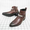 Fashion Leisure Walk Mens Chelsea Boots Handmade High Top Men Shoes Male Leather Ankle Boots Business Dress Shoes New Metal Buckle Botas