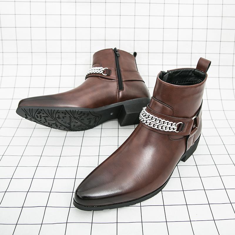 Fashion Leisure Walk Mens Chelsea Boots Handmade High Top Men Shoes Male Leather Ankle Boots Business Dress Shoes New Metal Buckle Botas