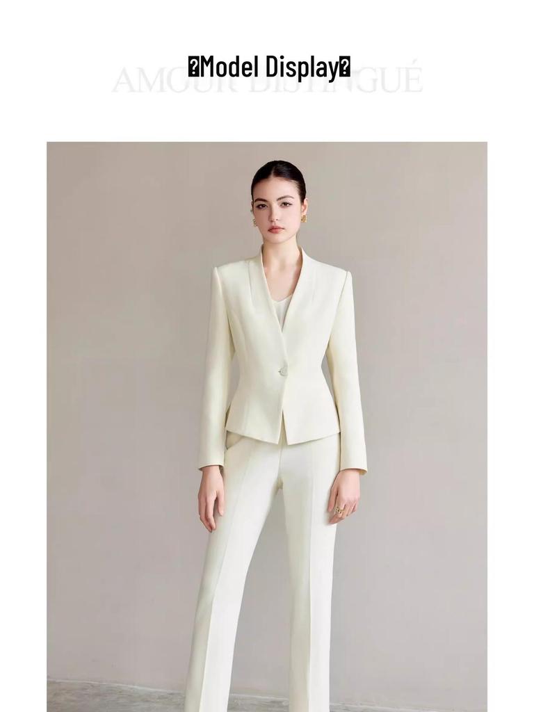 AD Women's Light-Colored Collarless Professional Suit Set - High-End Fashionable Formal Wear for Commuters