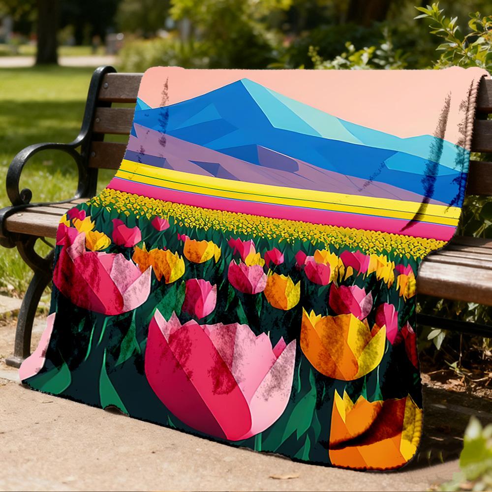 1pc Tulip Field Outdoor Flannel Blanket Soft All Season Polyester Throw , Perfect for Picnics & Travel , Picnic Accessory