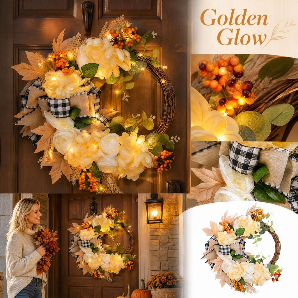 Artificial Fall Wreath with Golden Warm Light for Front Door Home Decor