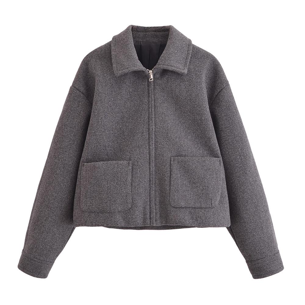 

2024 Women s Autumn/Winter Pocket Shirt Collar Short Jacket XS серый