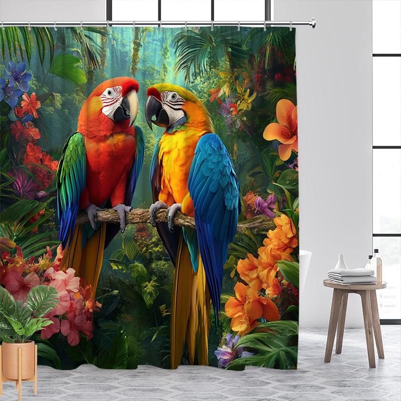 Vibrant Tropical Macaw Shower Curtain with Colorful Parrot Design Amidst Exotic Flowers & Lush Foliage, Durable Polyester Fabric