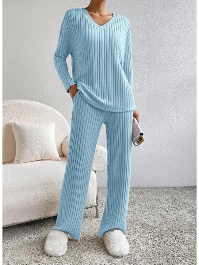 2025 Autumn Women's Cross-border Casual V-neck Rib-knit Set with Loose Straight-leg Pants