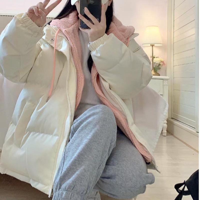 Ladies Spliced Lamb Wool Thickened Cotton Suit Female Ins Winter Warm Student Casual Loose Hooded Bread Suit Y2K Coat Jackets