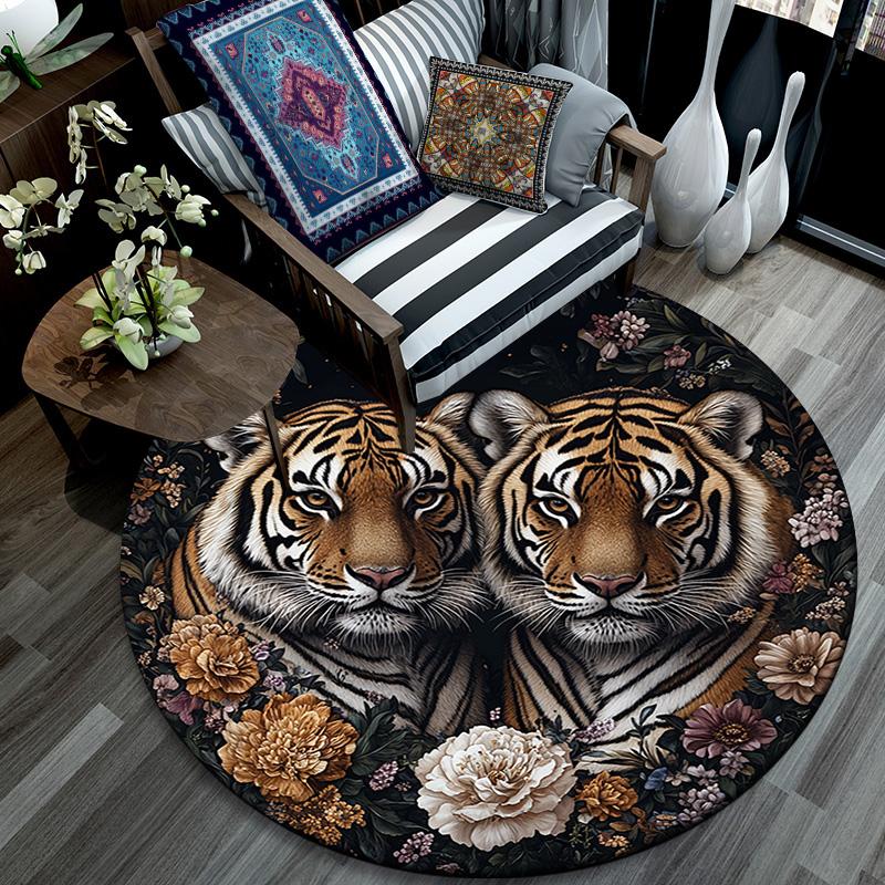 Tiger Artwork Round Area Rug,Carpet Rug for Living Room Bedroom Sofa Playroom Decor,Non-slip Floor Mat