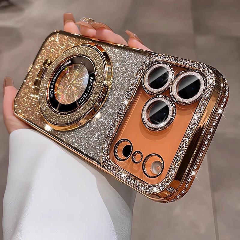 Rhinestone Glitter Magnetic Stand Case with Lens Film for iPhone 17 Pro Max, Drop-proof, Apple 16.
