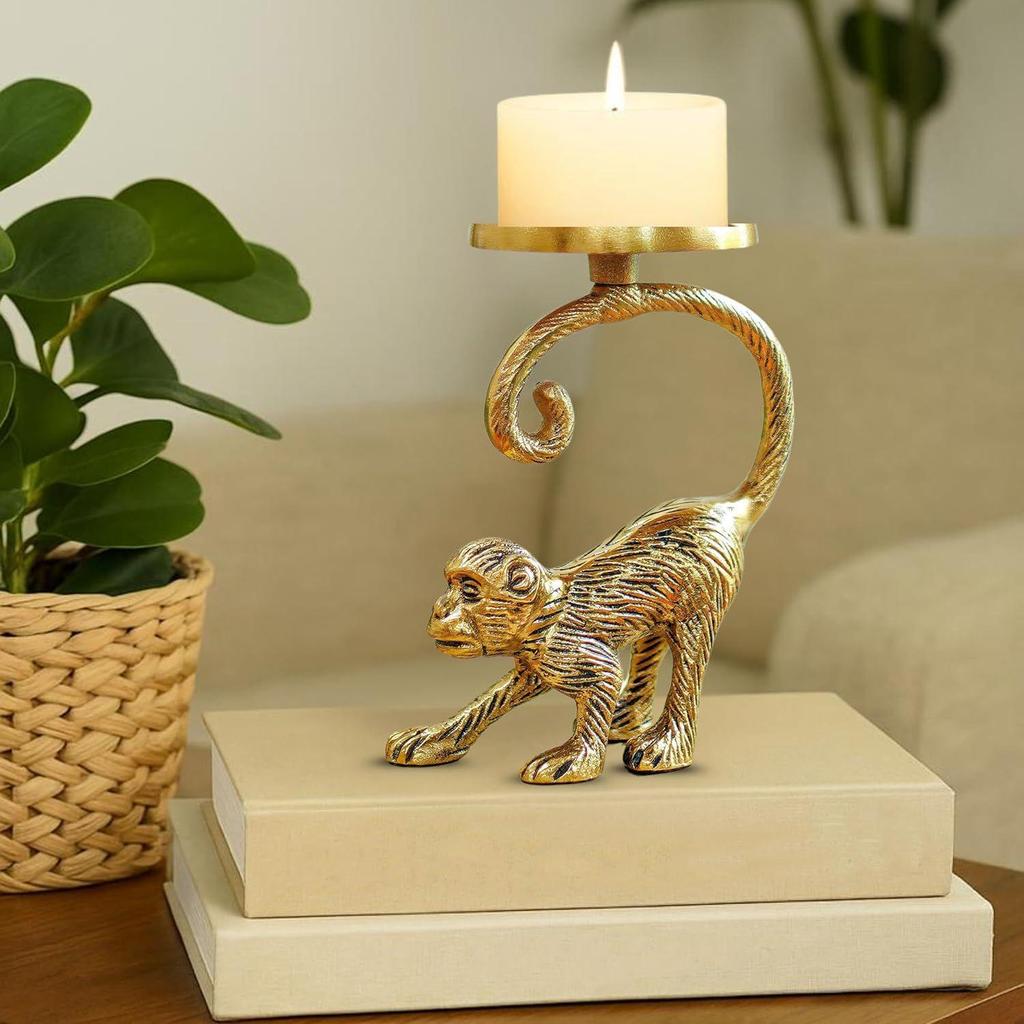 Metal Monkey Pillar Candle Holder Stand for Home Decor | Tabletop Showpiece in Aluminium with Brass Finish