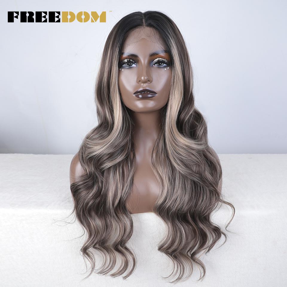 FREEDOM Synthetic Lace Front Wigs For Women 26 Inches Body Wave Wig Ombre Brown Blonde Lace Wig Synthetic Highlight Cosplay Wig