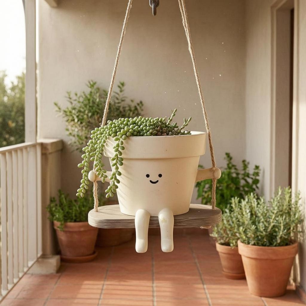 Decorative Swing Face Planter with Jute Ropes and Charming Character Pot for