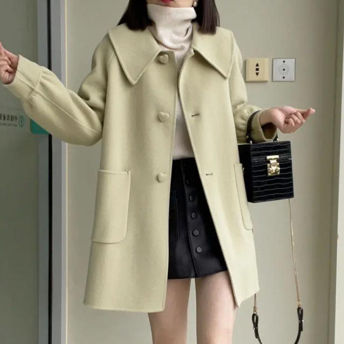 2025 Autumn/Winter Women's Mid-Length Slimming Woolen Coat with Heart Buckle and Peter Pan Collar