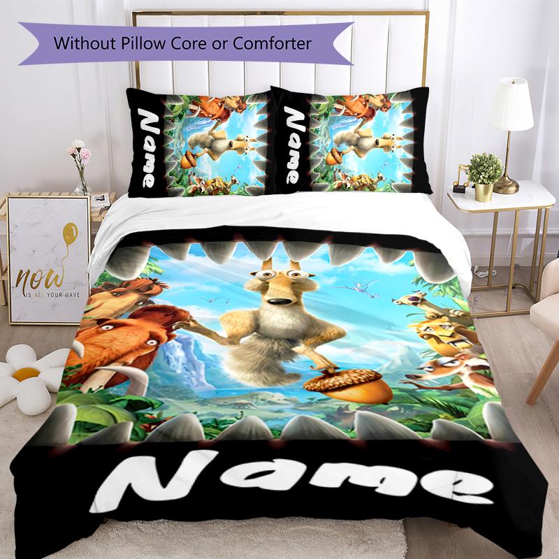 Juego de Ropa de Cama con Nombre Personalizado de Dibujos Animados Ice Age: El Origen de los Dinosaurios, Cierre de Funda Nórdica, Incluye 1 Funda Nórdica y 2 Fundas de Almohada para Todas las Estaciones, Dormitorio