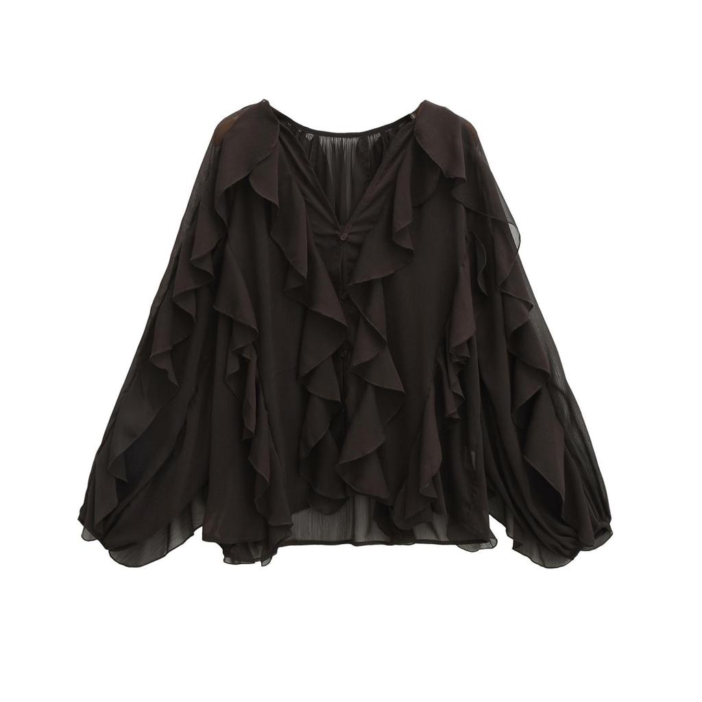 Summer 2026 European & American V-Neck Layered Ruffled Pleated Women's Shirt