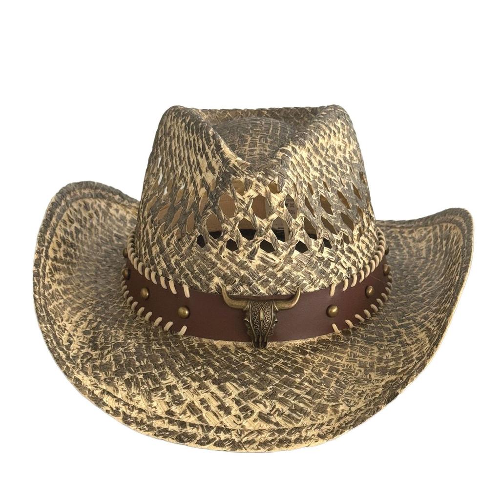 Western Straw Cowgirl Hats with Decorative Bands for Women Men Summer Hollow Out Wide Brim Sun Protection Hats Panama Caps