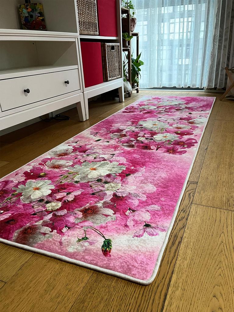EPeddler Home Modern Pink Flower Pattern Digital Printing Washable Non-Slip Dot Base New Generation Living Room, Kitchen, Entrance Carpet and Floor Mat
