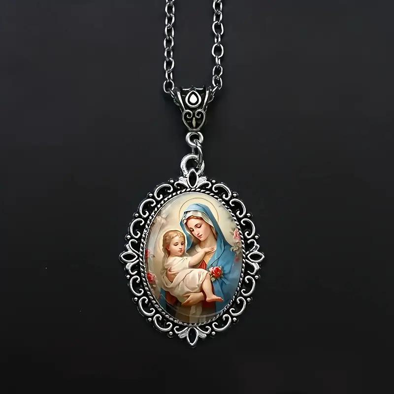 Stylish Retro European Style Patterned Glass Pendant and Stainless Steel Chain 50cm