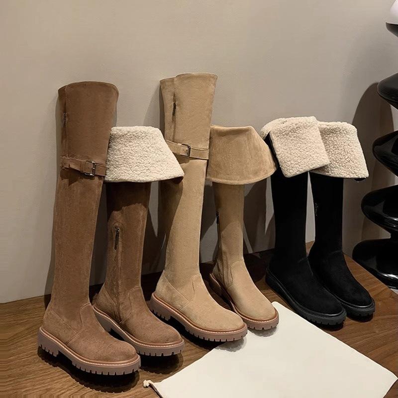 Eversion mocka lammull plattbottnade riddarstövlar 2025 höst och vinter nya förtjockade mångsidiga sammet snö knästövlar dam