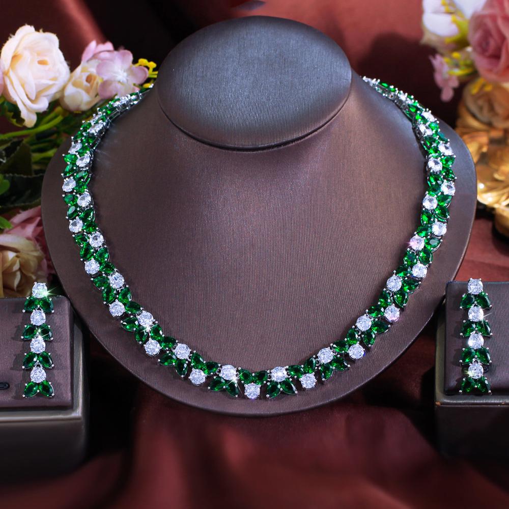 Zircons Gorgeous Shiny Green White Cubic Zirconia Earrings Necklace Sets for Women Wedding Evening Party Dress Jewelry T0981