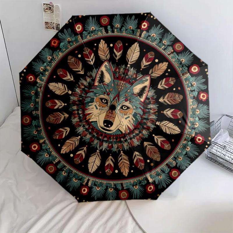 Indian - Style Wolf Pattern, Automatic Folding Umbrella, Portable and Foldable Design, 8 Ribs, a Christmas or Birthday Gift.