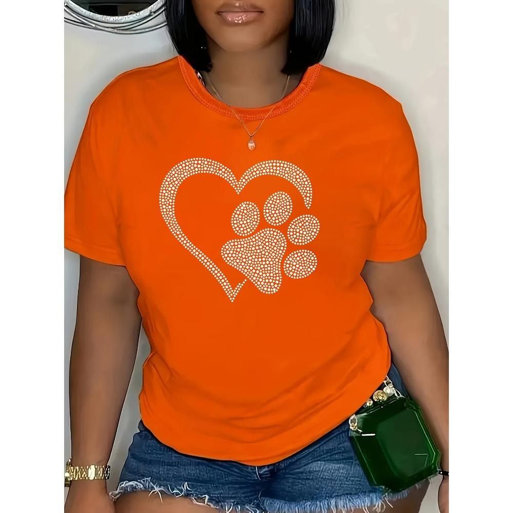 Rhinestone Heart Paw Print Women's Tee - Sparkly Pet Love Graphic, Casual Black Top