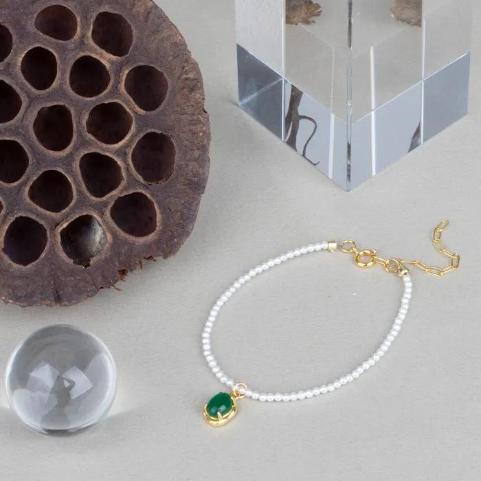 Green cabochon tiny pearl bracelet [Green cabochon micro-pearl bracelet_2 colors]