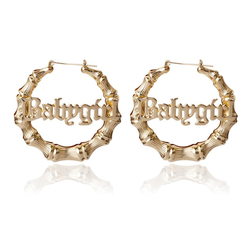 Hip Hop Punk Round Bamboo Earrings Creative Pockmarked Peach Heart Baby Letter Stud Earrings