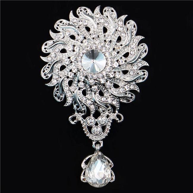 DIEZI Luxury Gold Silver Color Crystal Flower Bridal Brooches for Wedding Women Party Rhinestone Bouquet Water Drop Brooch Pins