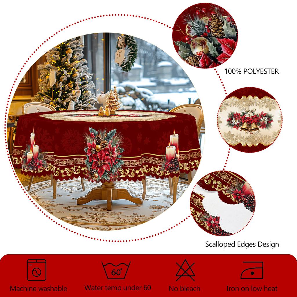 1ks Vintage vínový vánoční ubrus se vzory zvonků a květů poinsettie, vánoční dekorace 2025, dekorace na vánoční večírek