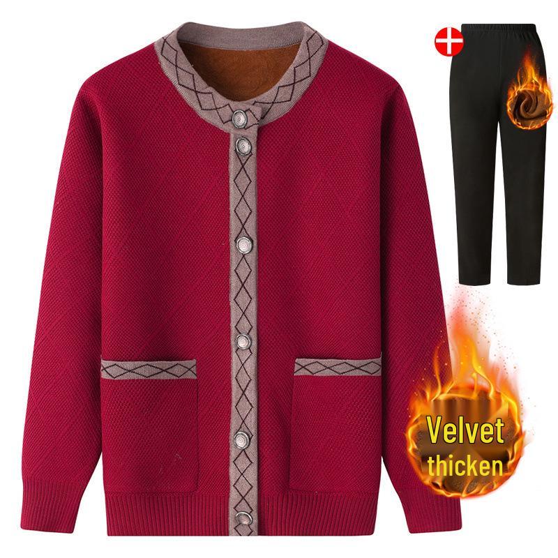 Women's Fleece-Lined Knitted Cardigan for Autumn/Winter - Ideal for Middle-Aged and Elderly.