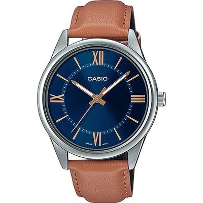 Men's Leather Band Wrist Watch MTP-V005L-2B5U