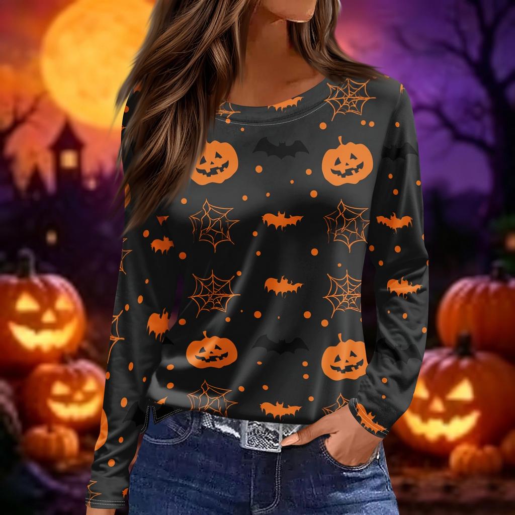 Women's Long Sleeve Halloween Print Top Round Neck Casual Pullover Shirt with Split Hem Lightweight Fabric for Seasonal Wear
