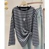 Women Vintage Striped Cartoon Embroidery Oversized Cotton Basic T Shirt Casual O Neck Long Sleeve Loose Tunic Tops Ropa De Mujer