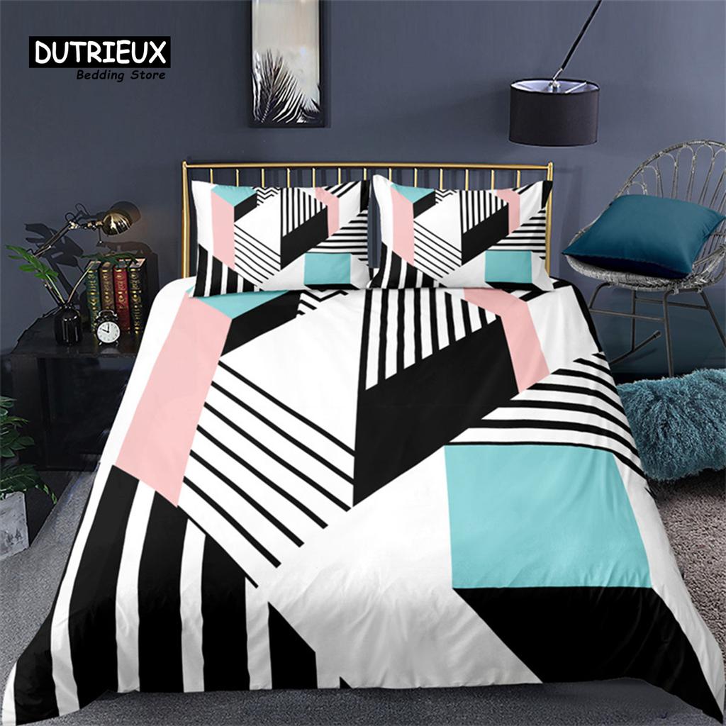 Modern Pink Geometric Bedding Set Soft Microfiber Black Marble Triangles Print Duvet Cover King With Pillowcases Bedroom Decor