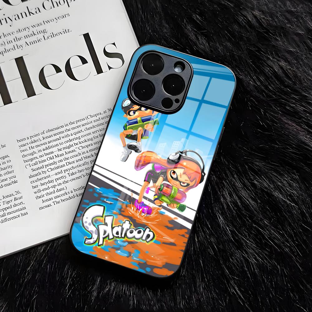 S-Splatoon Spiel Handyhülle Für IPhone 17 Air 16 E Pro Max 15 14 13 Mini 12 Pro 11 Max Plus Schwarze Glasabdeckung